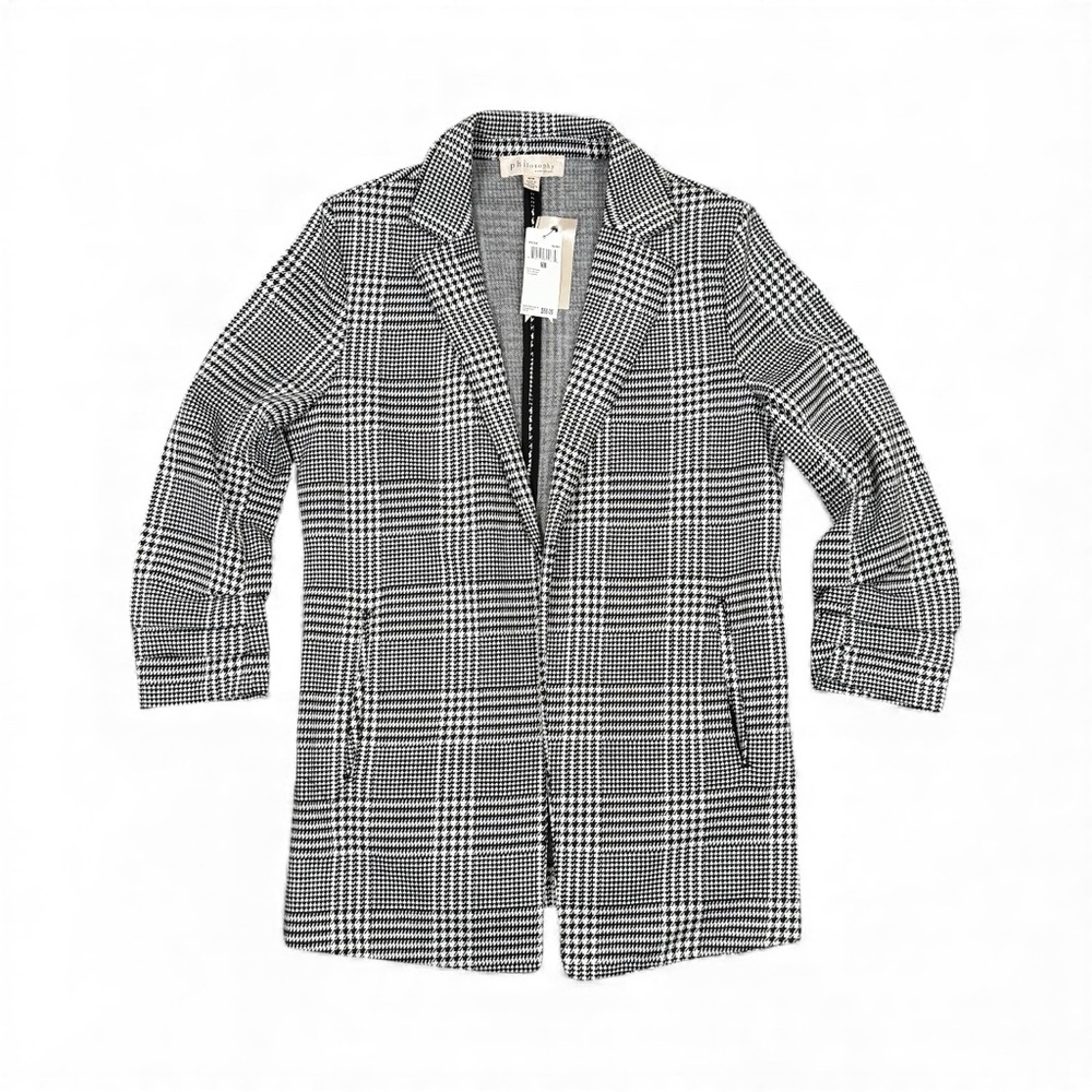 Philosophy Houndstooth Blazer Women M Black White Office Chic ruched 3/4 sleeve - Picture 2 of 6